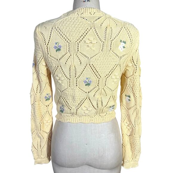 Zara Embroidered Flowers 100% Cotton Cropped Cardigan Yellow Size Small - Picture 3 of 7